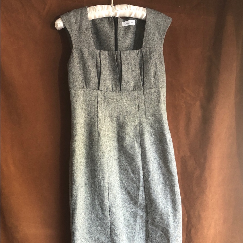 Calvin Klein Gray Pleated Square-Neck Midi Dress